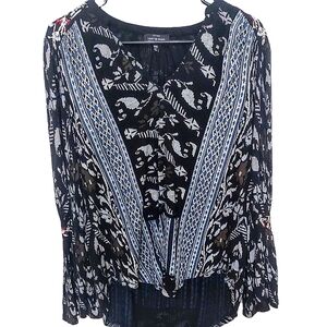 Women's Size M Lucky Brand Retro Boho Hippie Aztec Embroidered Viscose Tunic Top
